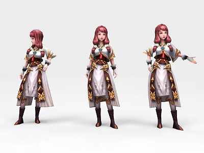 Game And Movie Character With Pink Hair White And Gold Ornate Outfit In Different Poses 3d model