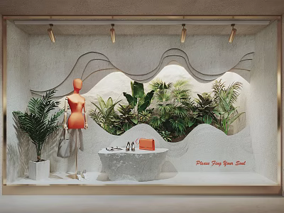 Shop Window Display With Orange Mannequin Green Plants Wavy Wall And White Stone Table Accessories 3d model