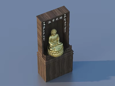 Detailed Golden Buddha Sculpture Carved In Traditional Wooden Shrine 3d model