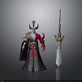 Horned Mythical Character With Red Black Attire And Ornate Golden Pink Decorative Sword