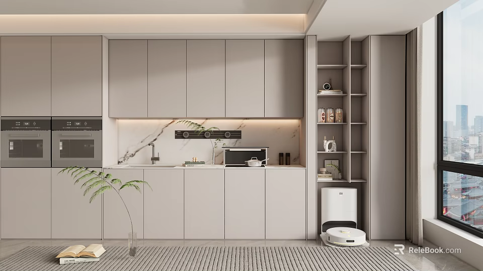 Wine Cabinet In Modern Light Luxury Kitchen With Elegant Design And Glass Storage Doors 3d model 