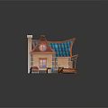 Cartoon House Scene With Blue Roof Orange Eaves Beige Walls Round Windows And Small Boat