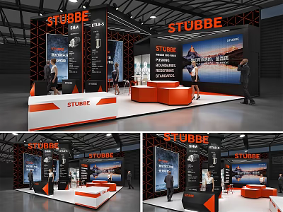 STUBBE Exhibition Booth Design With Orange And Black Display Area Reception Desk And People 3d model