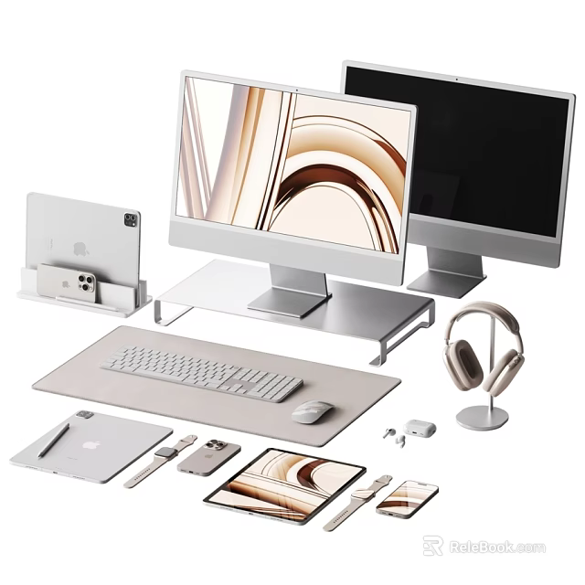 Modern Home Office Electronic Devices Setup With Monitors Tablet Headphones And Accessories 3d model 