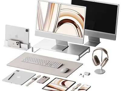 Modern Home Office Electronic Devices Setup With Monitors Tablet Headphones And Accessories 3d model