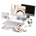 Modern Home Office Electronic Devices Setup With Monitors Tablet Headphones And Accessories