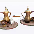 Brass Tea Set With Copper Teapots Small Cups And Nut Bowls On Round Mats