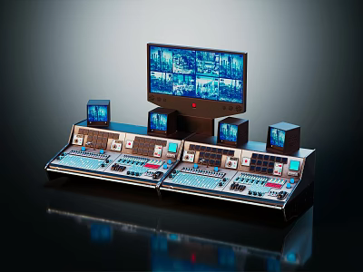 Industrial Control Console Equipment With Multiple Screens And Operational Control Panels 3d model
