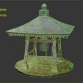 Cartoon Japanese Style Gazebo With Wooden Frame Bell And Tiled Roof On Round Base