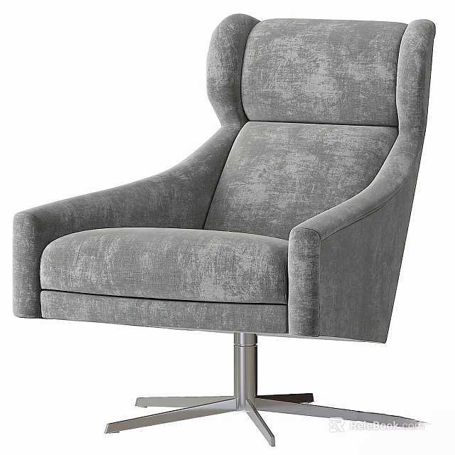 Modern Gray Textured Fabric Leisure Chair With High Back Armrests And Metal Swivel Base 3d model 