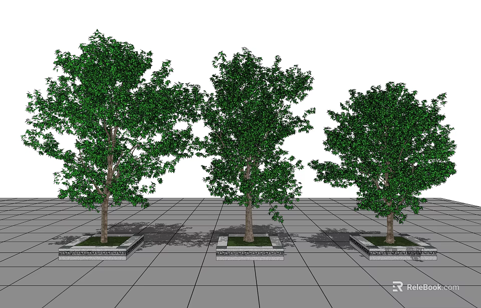 Three Green Trees In Square Concrete Tree Planters On Grid Tile Floor 3d model