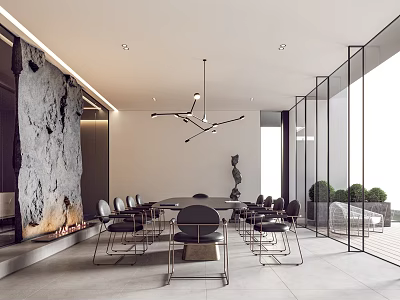 Modern Conference Room Interior With Long Table Black Chairs Glass Walls Pendant Light And Greenery 3d model