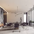 Modern Conference Room Interior With Long Table Black Chairs Glass Walls Pendant Light And Greenery