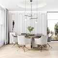 Elegant Modern Restaurant Interior With Dining Table Upholstered Chairs Pendant Lights And Green Plants