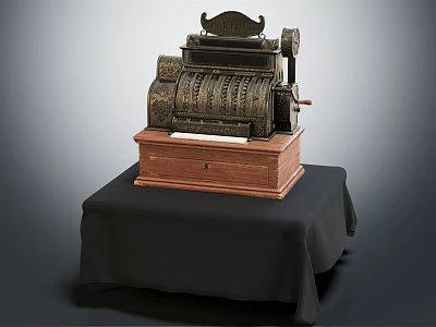 Vintage Commercial Cash Register On Wooden Base With Black Cloth Display Stand 3d model