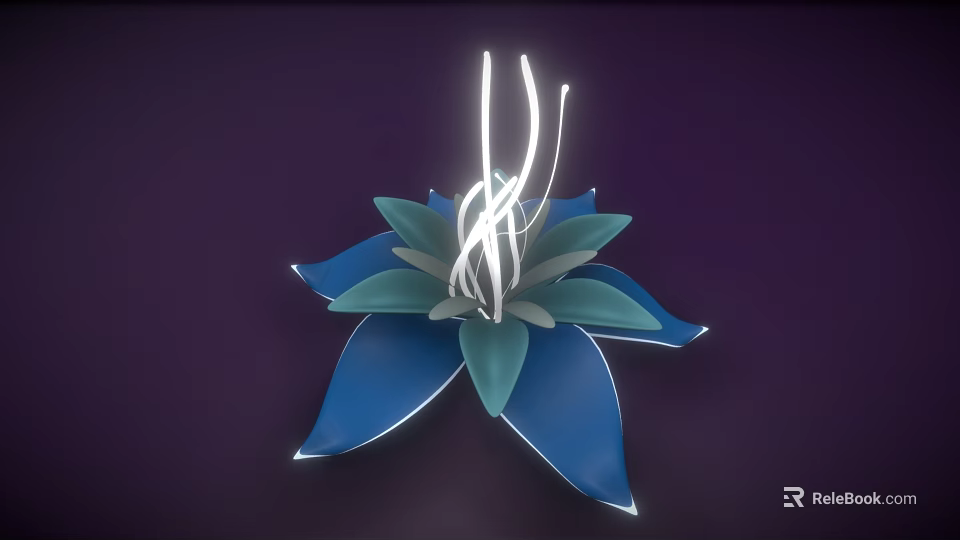 Cartoon Scene Featuring Blue Flower with Green Petals and White Glowing Lines on Purple Background 3d model 