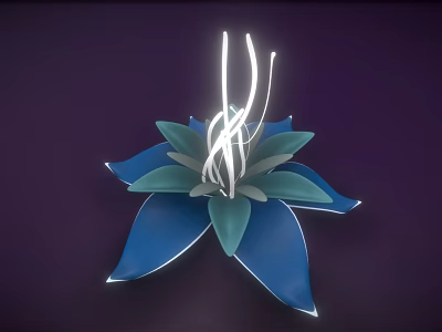 Cartoon Scene Featuring Blue Flower with Green Petals and White Glowing Lines on Purple Background 3d model