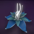 Cartoon Scene Featuring Blue Flower with Green Petals and White Glowing Lines on Purple Background