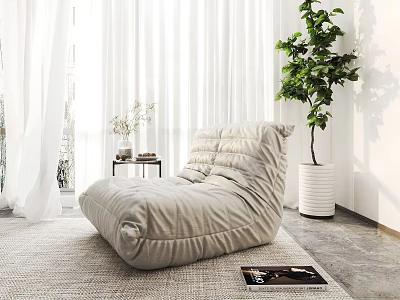 Comfortable Gray Bean Bag Chair in Bright Room With White Curtains Green Plant and Rug 3d model