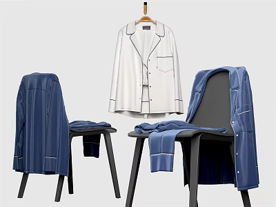 White Coat On Hanger And Blue Striped Clothes Draped On Chairs With Light Background 3d model