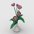 Decorative Building Block Vase with Purple Flowers Green Stems and Leaves