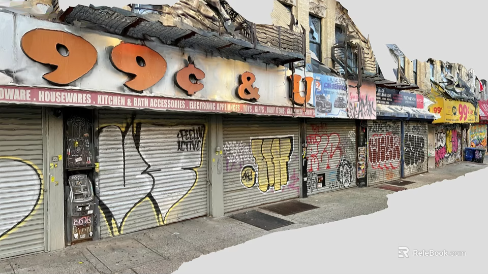 Urban Commercial Street With 99 Cent Store Sign Graffiti Roller Shutters And Weathered Buildings 3d model 