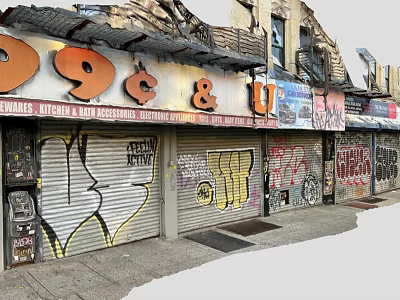 Urban Commercial Street With 99 Cent Store Sign Graffiti Roller Shutters And Weathered Buildings 3d model