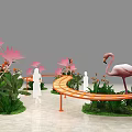 Curved Orange Checkered Art Installation With Green Plants And Pink Flamingos