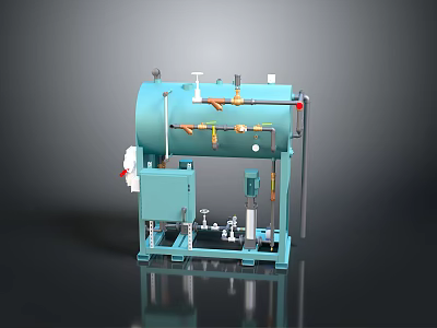 Teal Colored Industrial Processing Equipment With Cylindrical Tank Pipes Valves And Gauges 3d model