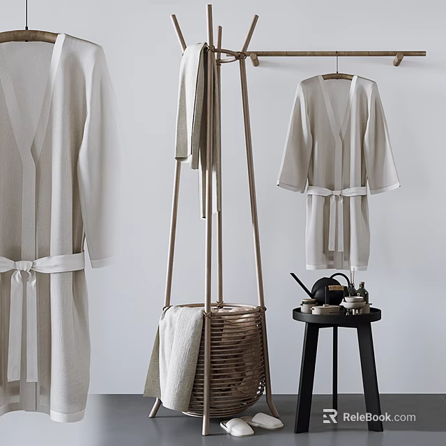 Bathroom Accessories Featuring Bathrobes Hanging On Rack Wicker Basket And Toiletries On Small Stool 3d model 