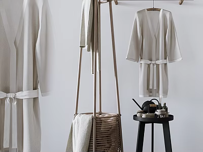 Bathroom Accessories Featuring Bathrobes Hanging On Rack Wicker Basket And Toiletries On Small Stool 3d model