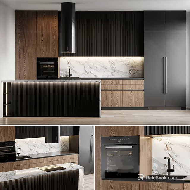 Modern Kitchen Interior With Wooden Black Gray Cabinets And Marble Island Countertop 3d model 