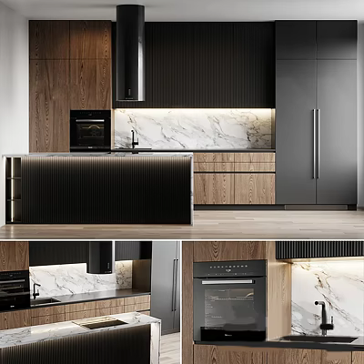 Modern Kitchen Interior With Wooden Black Gray Cabinets And Marble Island Countertop 3d model