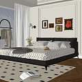 Cozy Bedroom Interior Featuring Black Leather Headboard Patterned Mattress Wall Art And Flowers