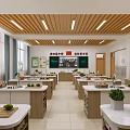 Modern Cooking Classroom with Wooden Ceiling Bright Windows and Fresh Produce on Countertops