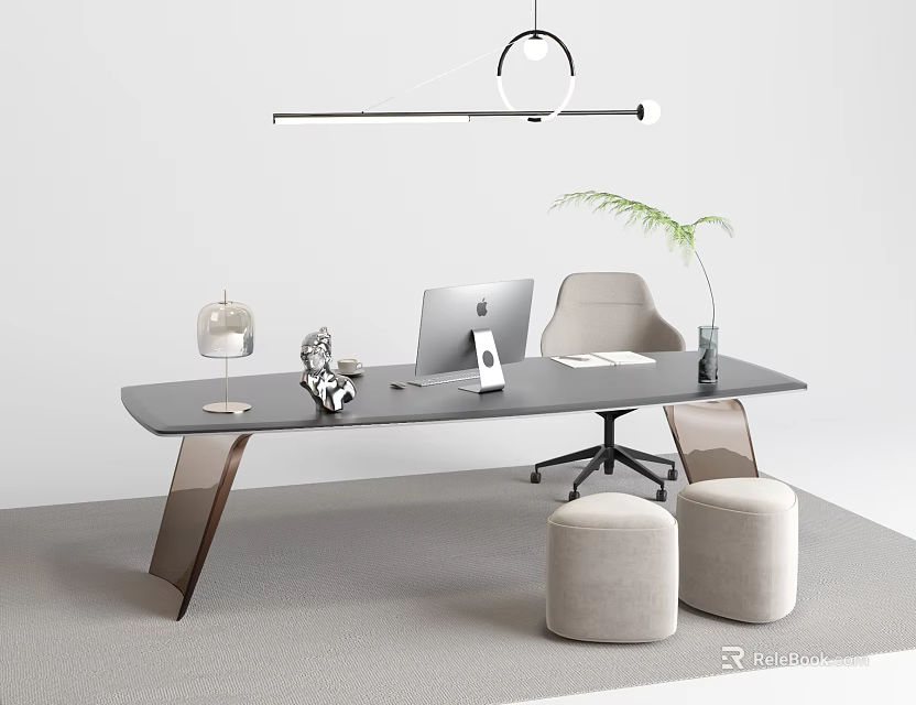 Modern Minimalist Office Desk With Laptop Table Lamp Green Plant Chair And Stools 3d model 