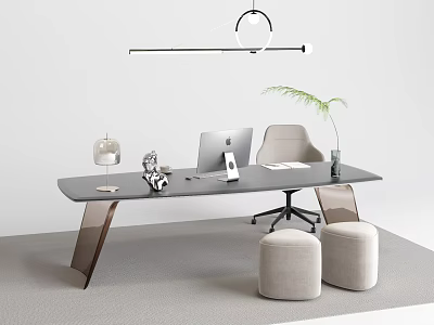 Modern Minimalist Office Desk With Laptop Table Lamp Green Plant Chair And Stools 3d model