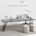 Modern Minimalist Office Desk With Laptop Table Lamp Green Plant Chair And Stools