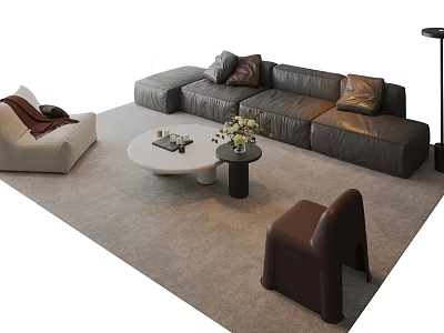 Modern Living Room Interior With L Shaped Sofa Armchair Round Coffee Table And Rug 3d model