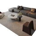 Modern Living Room Interior With L Shaped Sofa Armchair Round Coffee Table And Rug