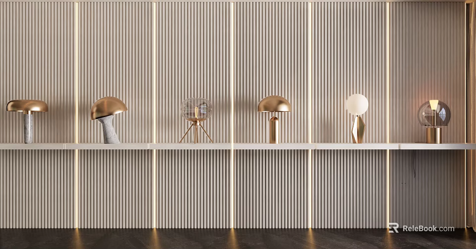 Four Different Designed Modern Table Lamps on Shelf Against Striped Wall 3d model 