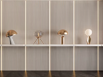 Four Different Designed Modern Table Lamps on Shelf Against Striped Wall 3d model