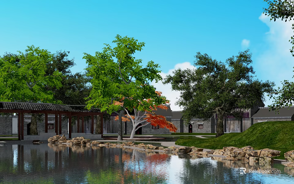 Picturesque Waterfront Landscape With Lush Trees Traditional Pavilion And Calm Water Reflections 3d model 