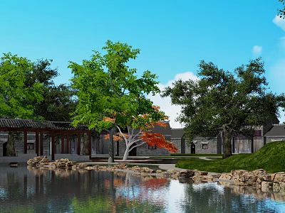 Picturesque Waterfront Landscape With Lush Trees Traditional Pavilion And Calm Water Reflections 3d model