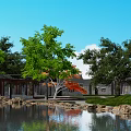 Picturesque Waterfront Landscape With Lush Trees Traditional Pavilion And Calm Water Reflections