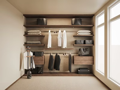 Modern Walk in Closet With Wooden Shelves Hanging Clothes Folded Items Hats And Drawers 3d model