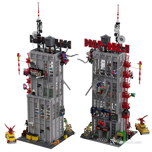 Building Blocks Model of Two Tall Buildings With Dragonfly Logo Antennas Ladders Figures and Vehicles 3d model 