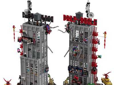 Building Blocks Model of Two Tall Buildings With Dragonfly Logo Antennas Ladders Figures and Vehicles 3d model
