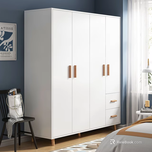 Modern White Wardrobe With Wooden Handles And Drawers For Bedroom Storage Design 3d model 