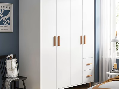 Modern White Wardrobe With Wooden Handles And Drawers For Bedroom Storage Design 3d model